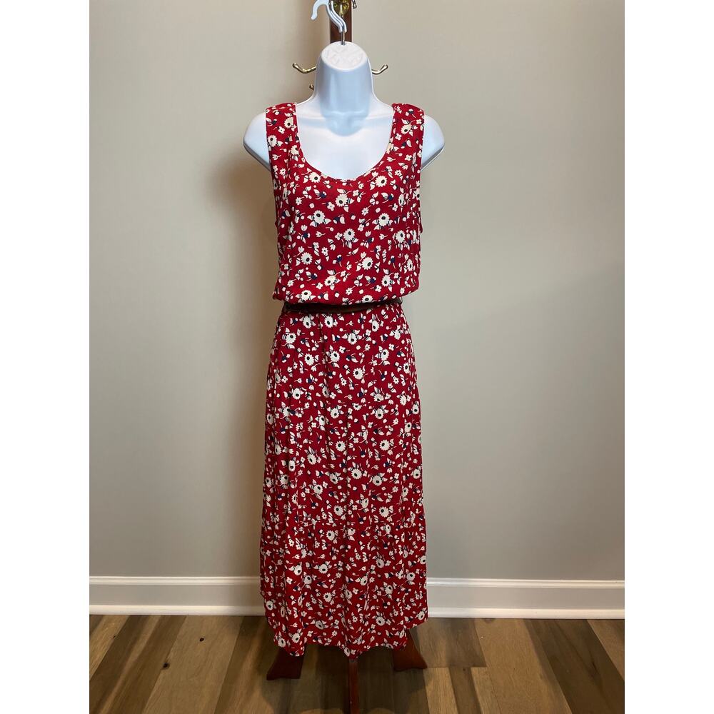 Talbots Red White Floral Sleeveless Maxi Dress with Elastic Waist Size 12 - Picture 4 of 9
